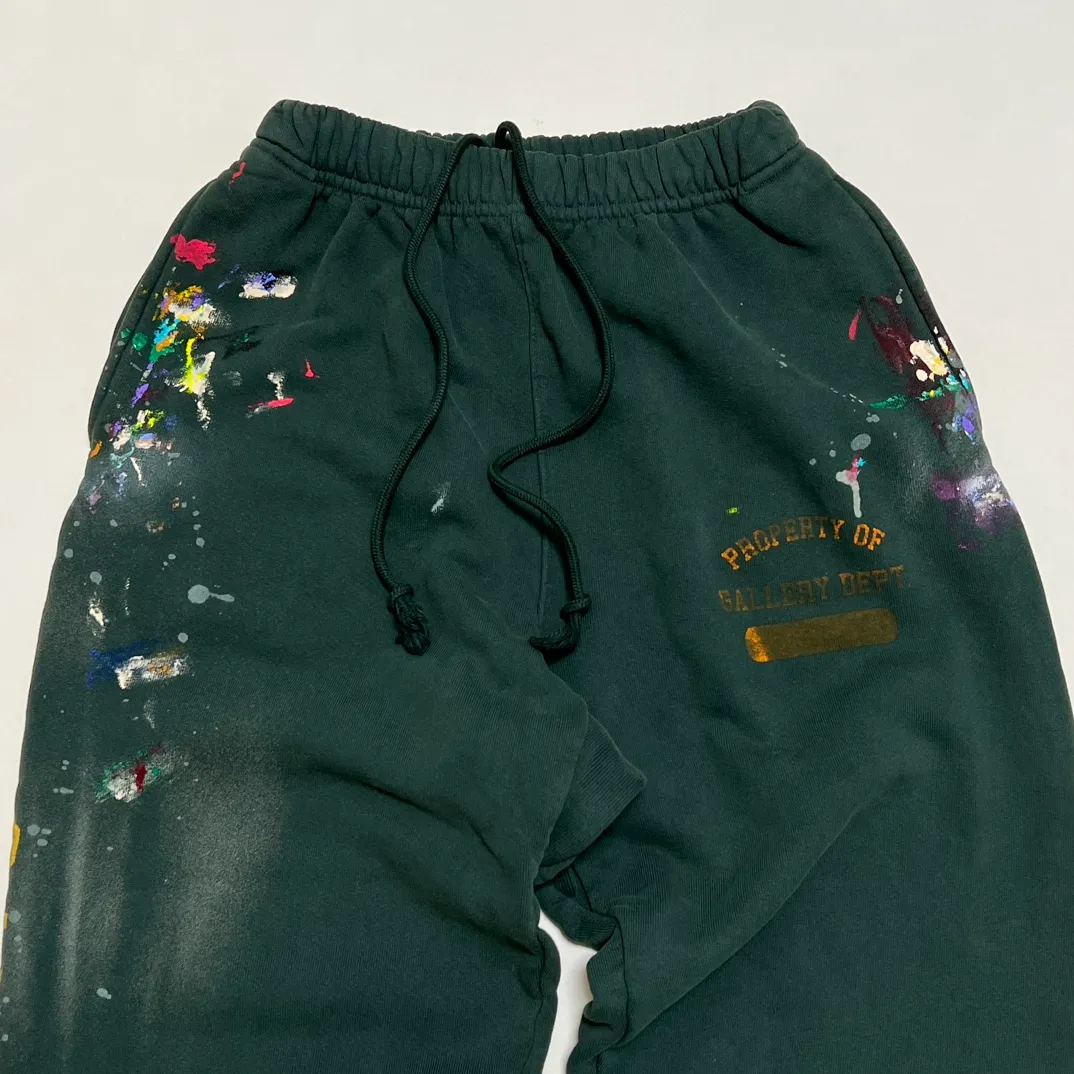 GALLERY DEPT. GD PROPERTY OF SWEATPANTS splashed ink, washed and distressed sweatpants, dark green S-XL, heavy wash and distressed, handmade acrylic splashed ink graffiti, perfect top restoration